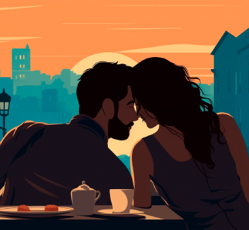В причудливом летнем городском кафе неприметная пара сидит в интимной близости. Их головы плавно склоняются друг к другу, глаза зажмурены