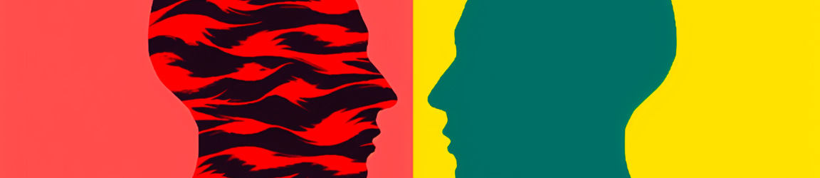 Изображение двух человеческих голов, расположенных рядом друг с другом, лица которых выделены красным цветом, а остальное заполнено волнистыми линиями, символизирующими интенсивное психическое взаимодействие и терапевтическую связь во время сеансов интенсивной терапии