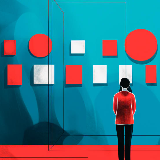 На картинке изображена женщина в художественной галерее, внимательно изучающая почти одинаковые произведения искусства круглой и квадратной геометрической формы белого или красного цветов. Эта сцена отражает тонкости и сложности принятия решений, часто являющихся центральным моментом разовых консультаций.