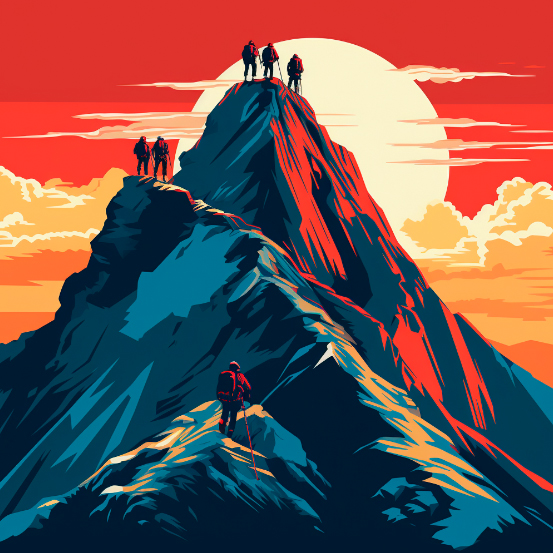 Группа альпинистов, достигающих вершины горы на закате, изображающая коллективные усилия, стойкость и триумф в преодолении трудностей в групповой работе