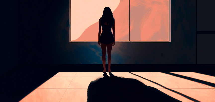 Иллюстративное изображение девушки, стоящей у большого окна, ее свет отбрасывает большую, подавляющую тень, символизируя увеличенное воздействие расстройств пищевого поведения.