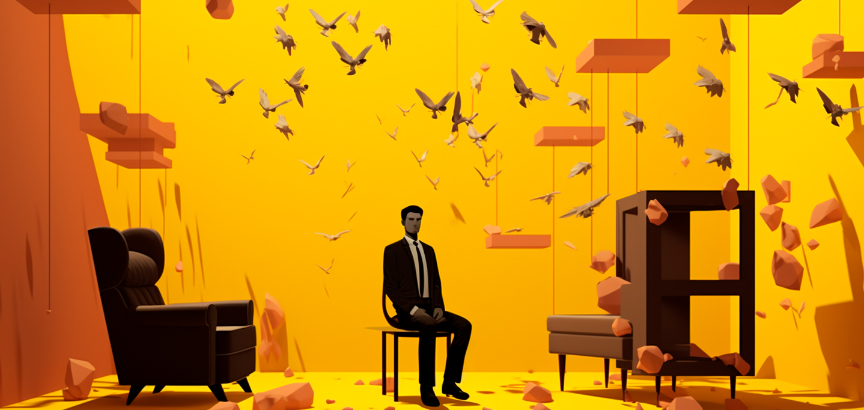 Сюрреалистическая желто-черная композиция: мужчина сидит один на стуле среди разрушенного дома с остатками мебели. Его поза выражает глубокую печаль и контемпляцию. Над ним кружатся птицы, словно в эхе его внутреннего волнения, создавая атмосферу загадочности, изоляции и тоски.